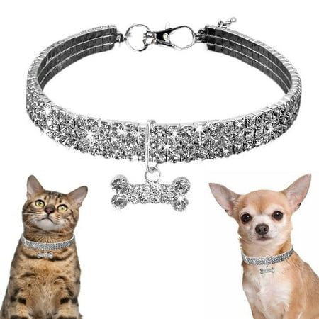 Rhinestone Dog Necklace  Crystal Bling Kitten Collar Glitter Silver Chain Jewelry White Diamond Puppy Collars with Bone Pendant for XXS Xs Small Tiny Pet Female Dogs Girl Cats  XXSmall C43