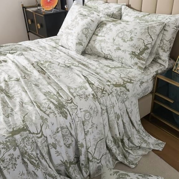 Toile Sheets Set King Sage Green Toile de Jouy Bedding Pastoral Print French Country Bedding 100% Egyptian Cotton Farmhouse Sheets Breathable Soft 4Pcs Deep Pocket Sheet Set for All Seasons