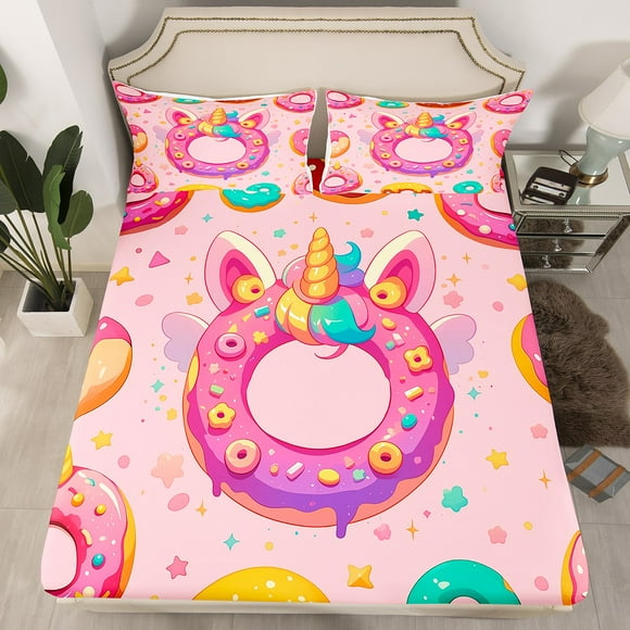 Erosebridal Kids Donut Fitted Sheet Set Queen, Kawaii Dessert Bedding Queen Size, Caetoon Cake Decor, 3pcs（No Top Sheet）