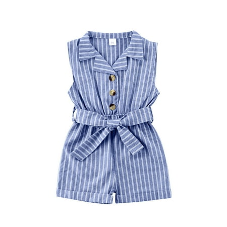 

Baby Girls Rompers Summer Jumpsuits Toddler Overalls Striped One-Piece Sleeveless Bodysuit Turn Down Playsuit Kids Clothes 1-6Y