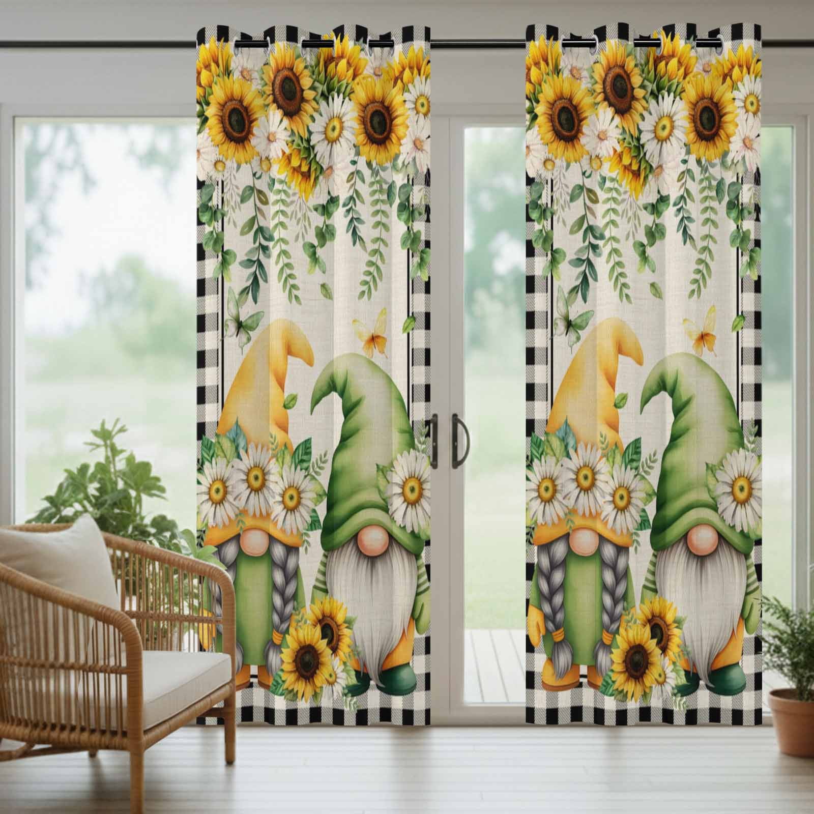 2 Panels Outdoor Curtains for Patio Waterproof 54"x84" Sunflower Gnomes Weatherproof Privacy Outsides Curtains, Spring Farmhouse Vintage Daisy Floral Leaf Grommet Thermal Drapes for Cabana Porch