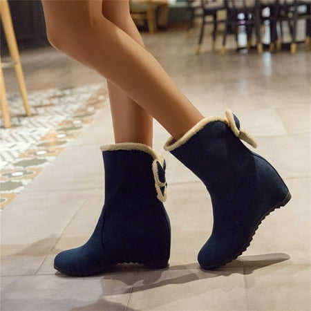 

NEGJ Ladies Fashion Solid Color Suede Bow Short Boots Plus Velvet Warm Wedge Heel Cotton Boots