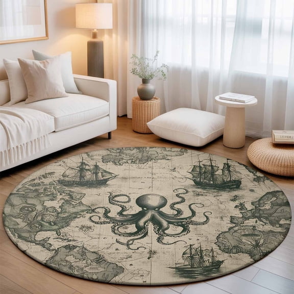 Round Rug 3ft Area Rug, Ocean Octopus Vintage Maps Area Rugs for Living Room Bedroom, Nautical Ship Floor Mat Non-Slip Non-Shedding Carpet Indoor Accent Rugs
