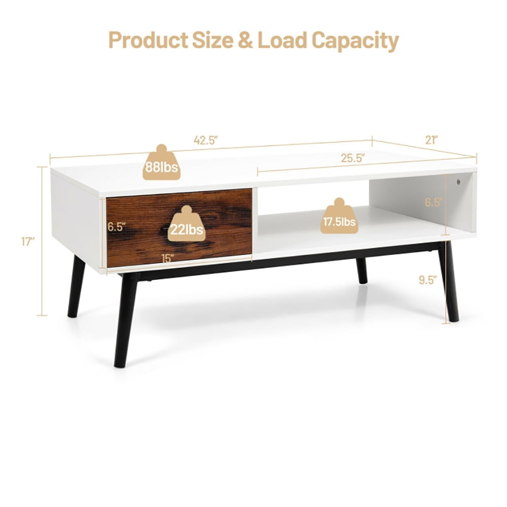 Finihen Wooden Coffee Table, Rectangular Coffee Table, Rectangular Wooden Coffee Table with Drawer and Open Storage Shelf, for Living Room, Reception Room, Office, White