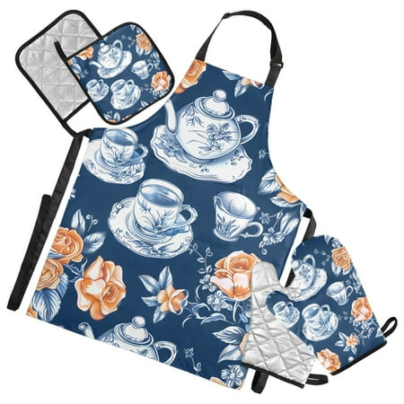 Rose Flower and Porcelain Teacup Teapot 5 Pcs Kitchen Set Heat Resistant Oven Mitts and Non-Slip Pot Holders with Adjustable Cooking Apron