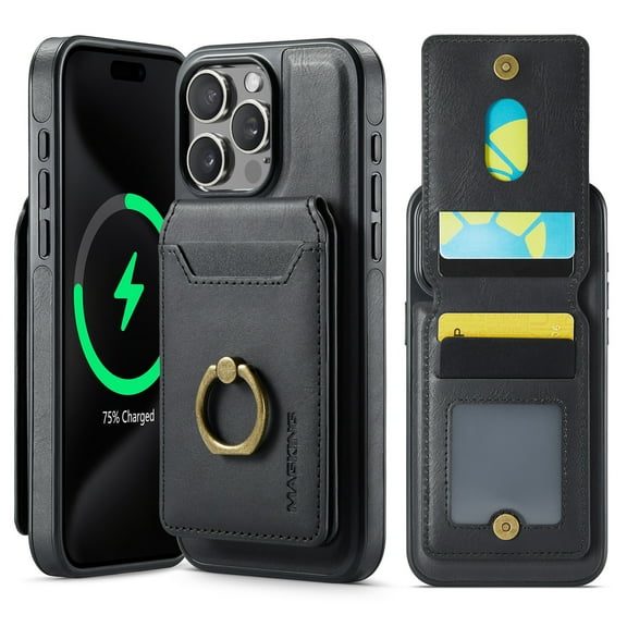for iPhone 16 Wallet Case with Magnetic Detachable Card Holder,360°Rotation Ring Holder Kickstand,PU Leather Shockproof Case,RFID Blocking Magnetic Clasp Protective Case,Black