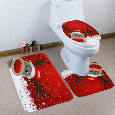 Christmas Bath Mat Pedestal Rug Toilet Lid Cover 3pcs Set Bathroom Xmas Decoration
