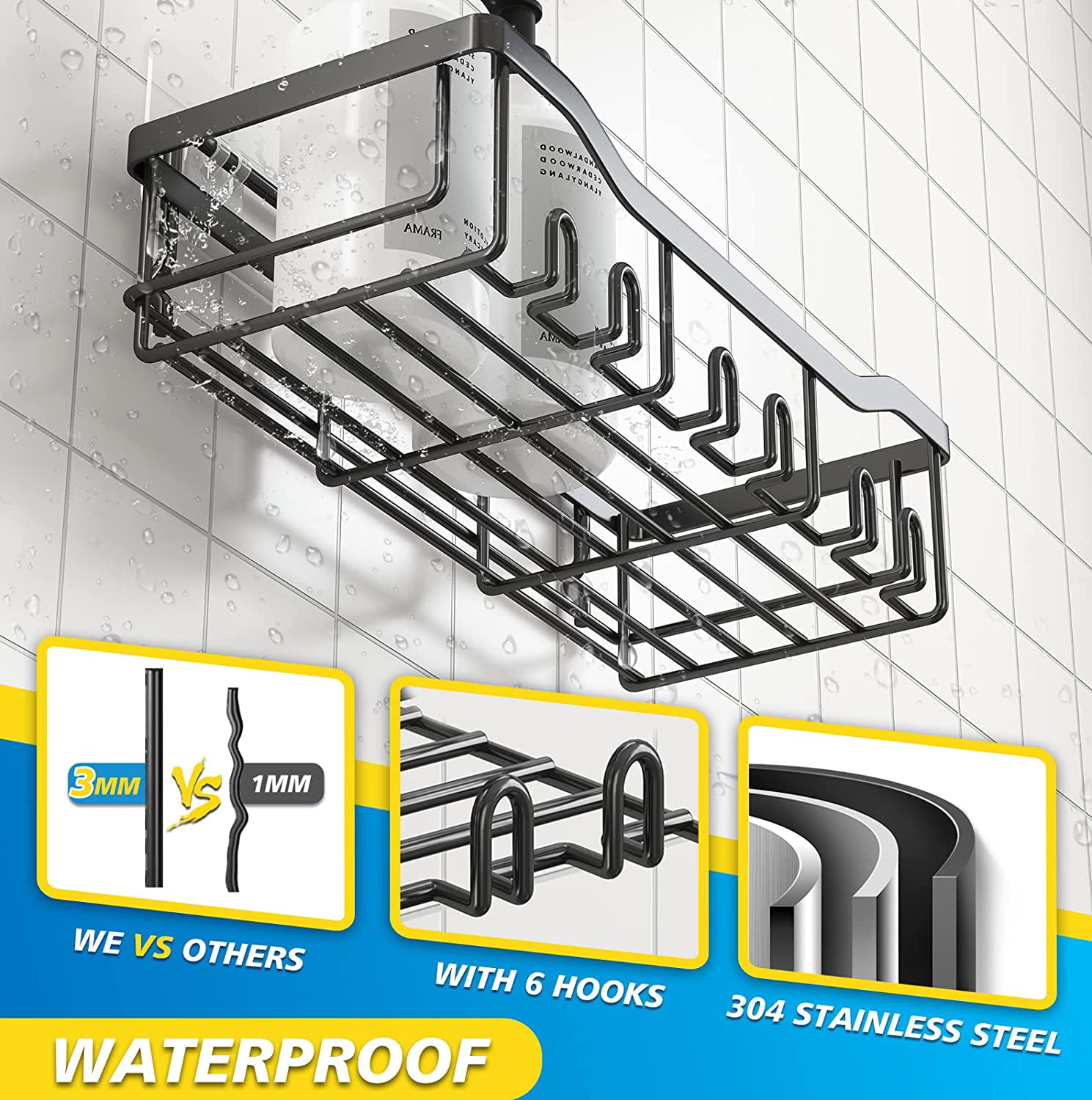 Mrqilin Shower Caddy Rack Accessories Wall Mount（ 5 Pack ）| Adhesive Shower  Shelves for Inside Shower | Black Bathroom Organizer Shower Storage 