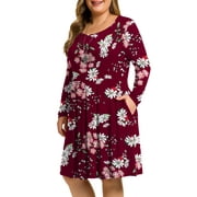 a.Jesdani Womens Plus Size Dresses Casual Long Sleeve Pleated Dress Fall Dresses with Pockets L-4X