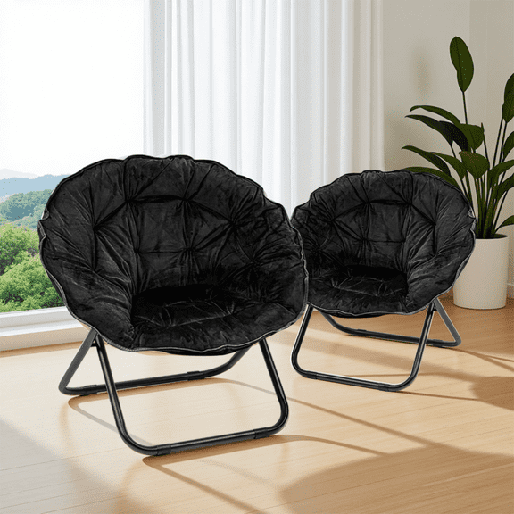 Grezone 2 Pieces Round Foldable Saucer Chair, Moon Chair with Metal Frame for Bedroom