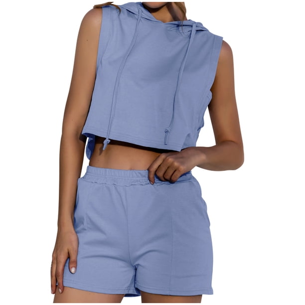 Mujeres moda sexy verano casual color sólido con capucha sin mangas panel con cordones bolsillo camiseta sin mangas pantalones cortos conjunto de 2 piezas Pompotops ulkah937141