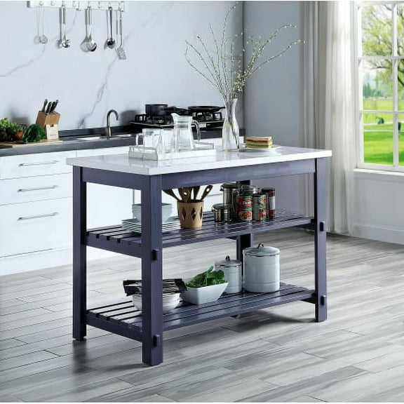 Enapay Kitchen Island in Marble Top Top & Gray Finish