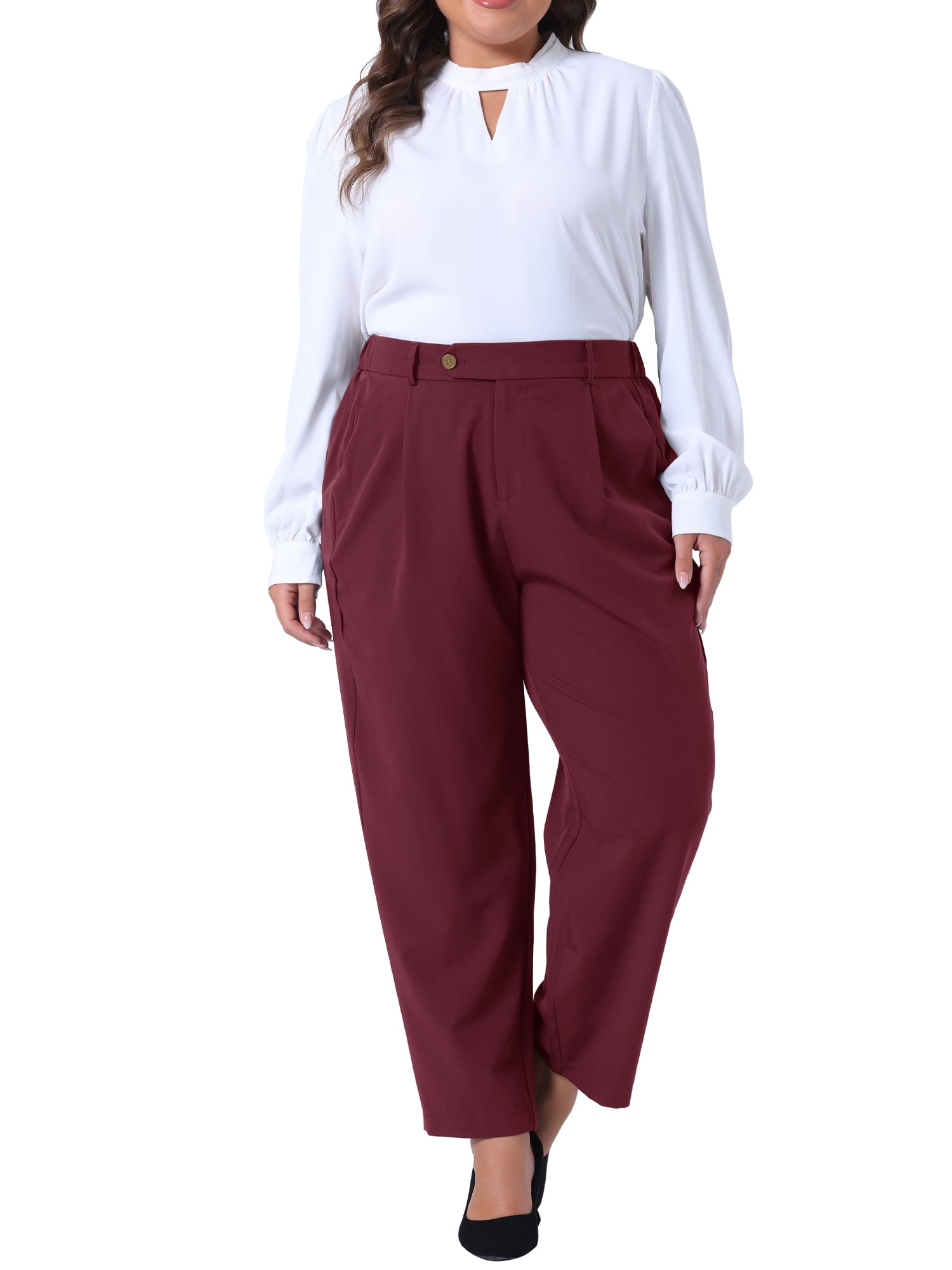 DARING DIVA Women's Plus Summer Elastic High Waisted Long Straight Pants 4X Burgundy