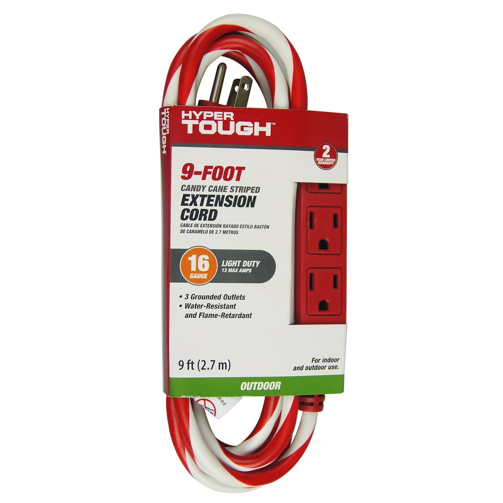Hyper Tough 3Outlet 9FT Candy Cane Extension Cord, Red/White Walmart