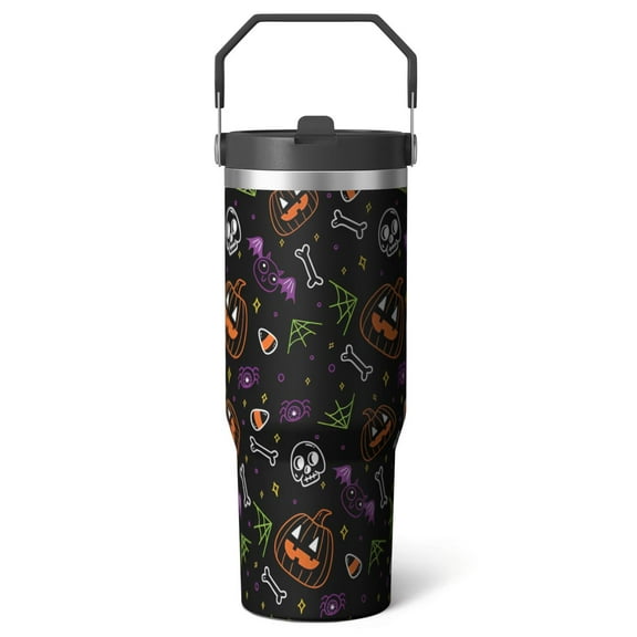 Halloween Tumbler 30oz with Flip Straw & Handle - Double-Wall Insulated Stainless Steel Cup, Spooky Ghost Travel Mug Gift for Women