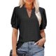 thumbnail image 3 of Puff manga blusa V cuello hueco color puro slim fit manga corta blusa casual para mujer negro L, 3 of 5