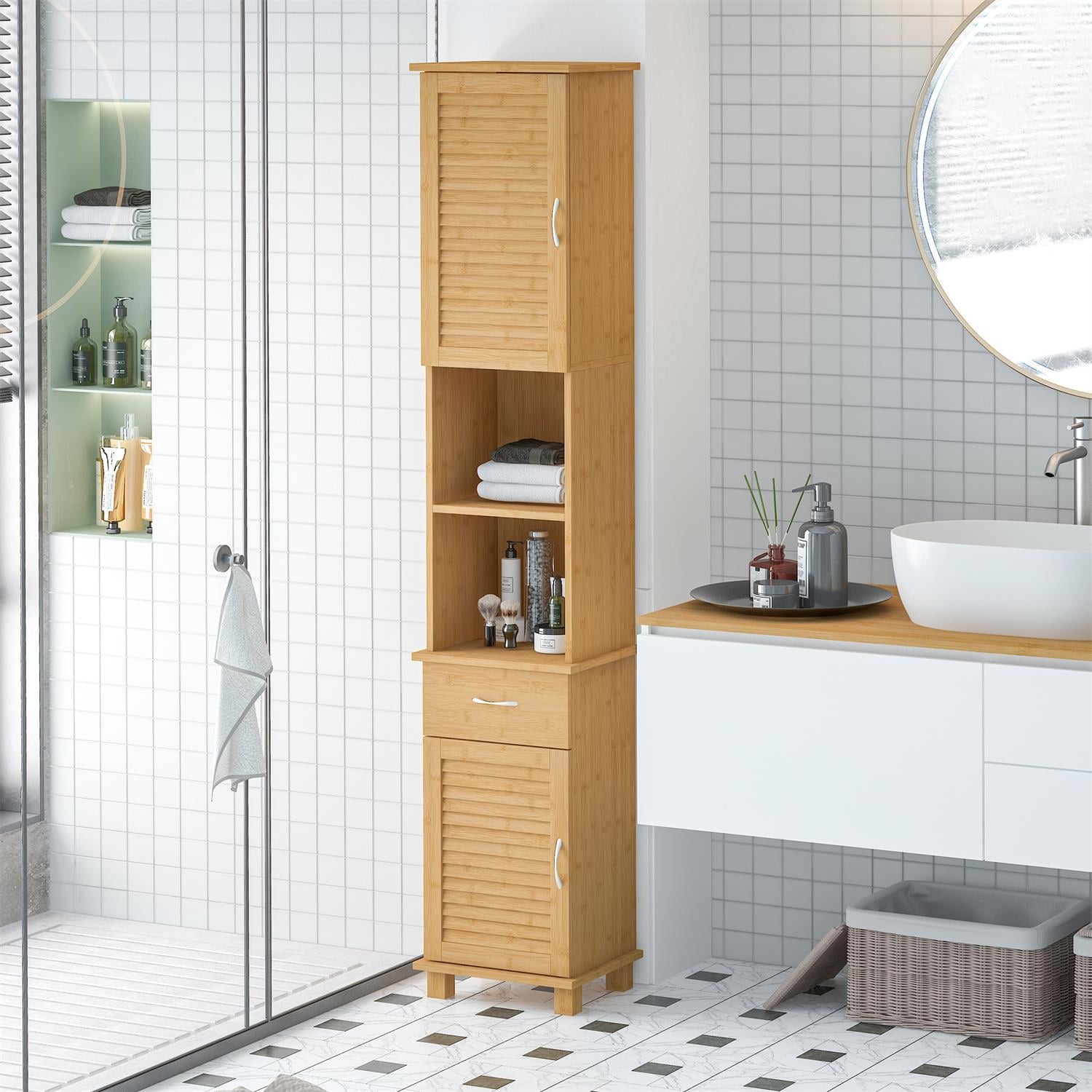 Kadyn Bathroom Tall Linen Tower, Free Standing Bathroom Cupboard with Open and Concealed Shelves, Bathroom Storage Cabinet Linen Cabinets, Brown