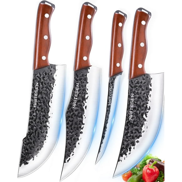 Naitesen Ensemble de 4 Couteaux de Boucher et de Cuisine, Forgés à la Main Très Tranchants pour Couper la Viande, Cuisiner, Barbecue, Cadeaux pour Hommes et Femmes
