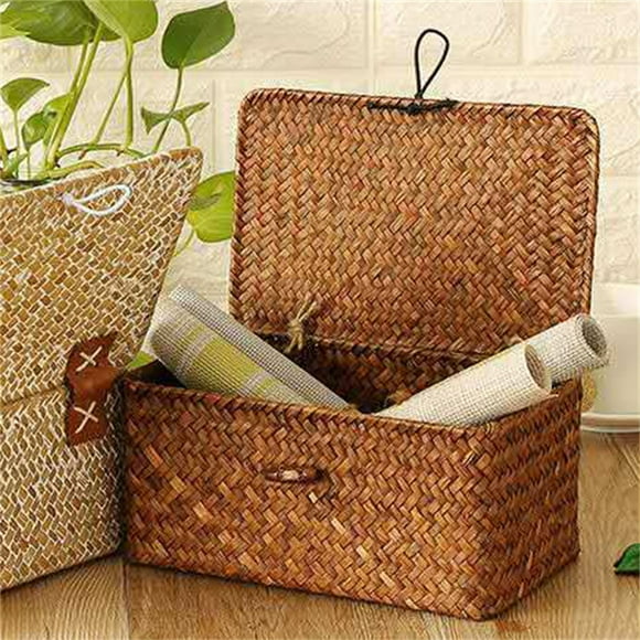 Wicker Shelf Baskets with Lid,Handwoven Seagrass Basket for Storage Basket Bins Rectangular Home Organizer Gift Boxes, 10.2x6.3x3.9"