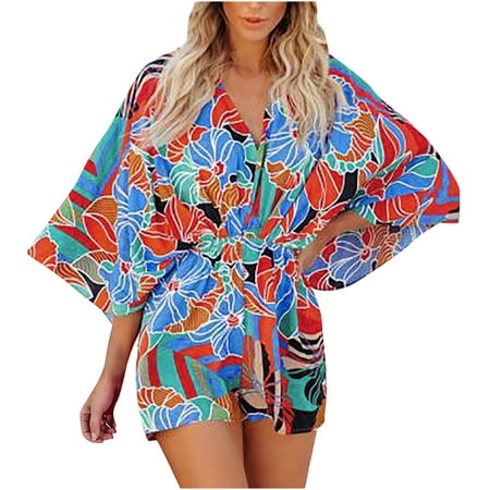 

Women Jumpsuit Floral Print V Neck Batwing Sleeve Waist Tie Elastic Waist Wide Leg Short Mini Bodysuits Romper
