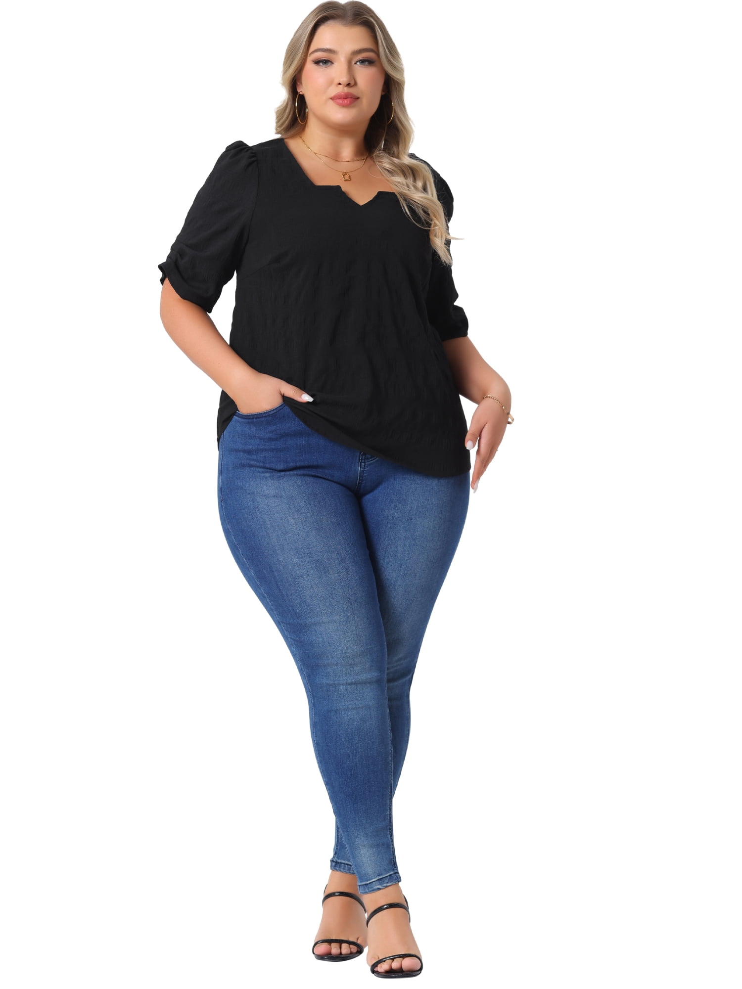 DARING DIVA Women's Plus Textured Notched V Neck Blouse 4X Black