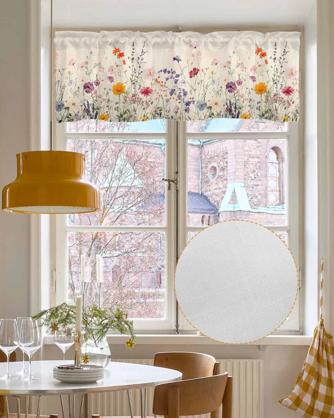 Vintage Spring Floral Kitchen Valances for Windows Farmhouse Linen Window Valance Curtain for Living Room Window Treatment Summer Botanical Flowers Valance Rod Pocket Topper Drape, 60 x 18 Inch