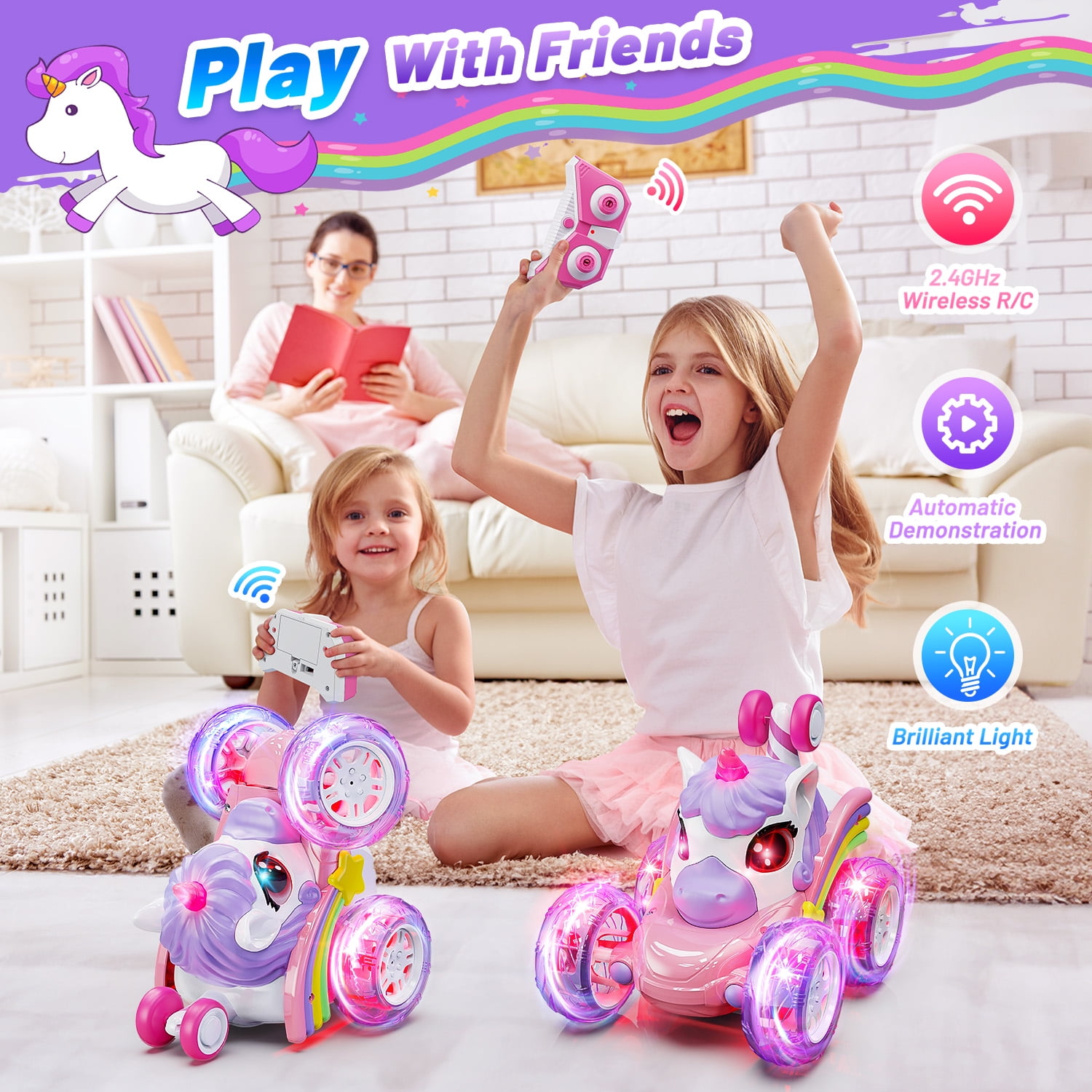 UQN Unicorn Toys for Girls Age 3-6, Remote Control Stunt Cars Toys for Girls, RC Cars for Kids with LED Light, Birthday Gift Toys for Girls Toddlers 3 4 5 6