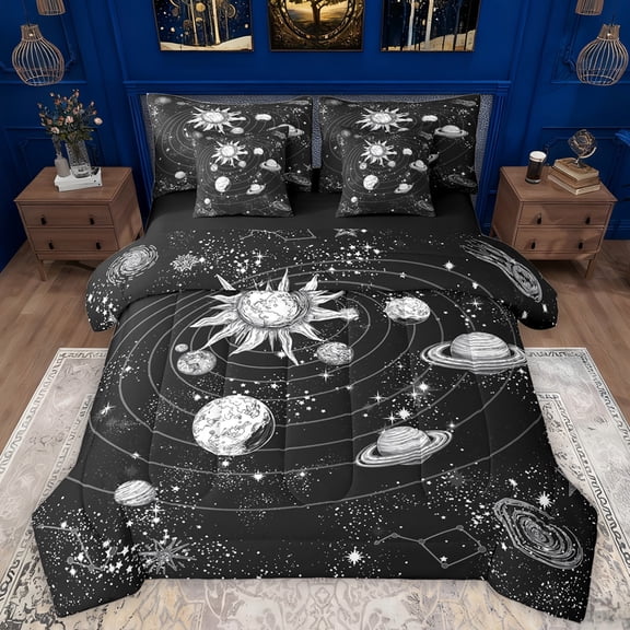 Manfei Retro Boho Sun 7-Piece Twin Bedding Sets,Galaxy Planet Bedding Comforter Set,White Starry Night Sheet Sets For Boys Girls,Microfiber Bedroom Decor Reversible