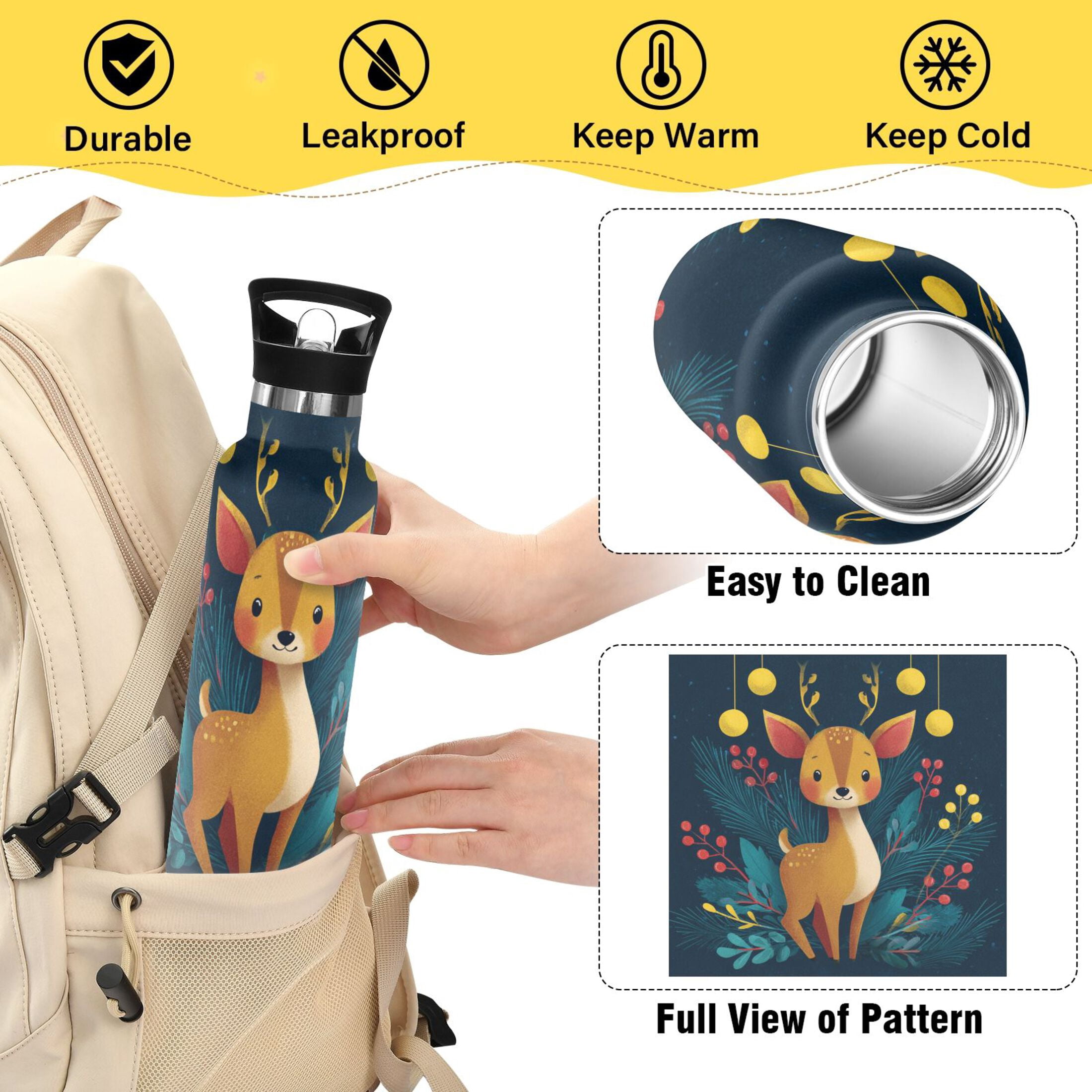 600ML Stainless Steel Insulated Cup Sports Water Bottle Portable Thermos Cup Water Glasses Insulated Tumblers Convenient and Durable Cute Orange Christmas Deer