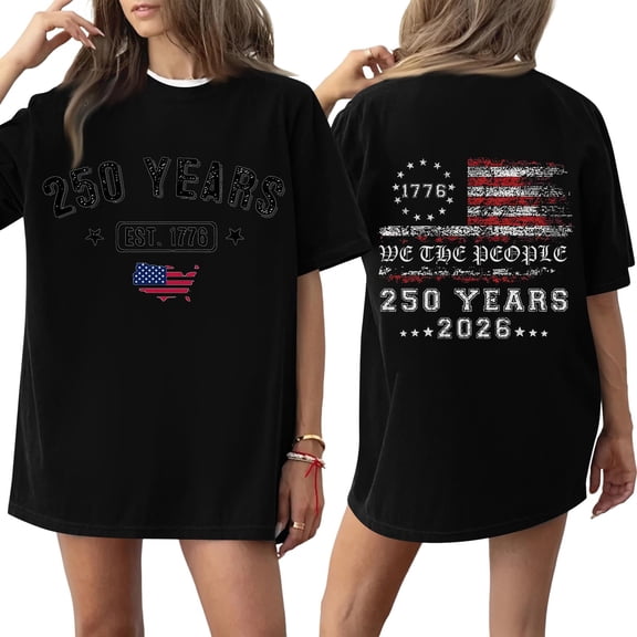 250 Years Anniversary Short Sleeve T Shirt Loose Fit Crewneck Tee with Printed Graphic Front and Back Design for Women Men Black L