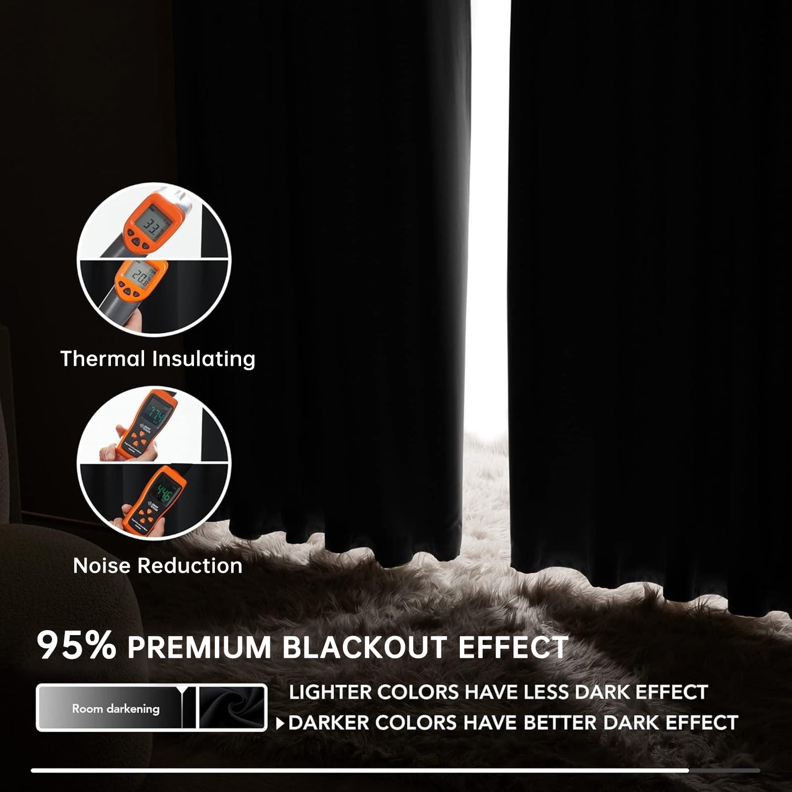 XUEYU 100% Blackout Curtains for Bedroom, Light Blocking Thermal Insulated Curtains with Noise Reduction, 52x96 Inch Room Darkening Window Drapes, Set of 2 Panels, Black