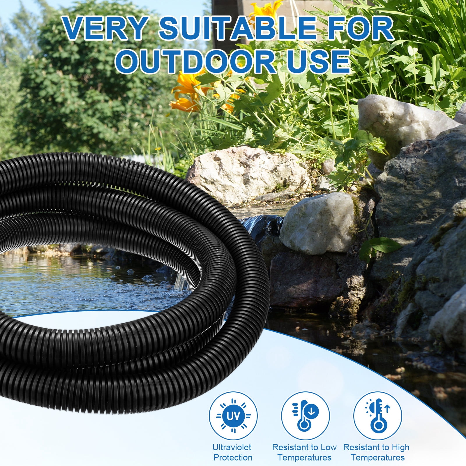 Uxcell 1" ID Pond Tubing, 10ft Corrugated Flexible Reinforced PP Hose Pipe Pump Tube for Garden Ponds/Waterfall Sump Pump Hose [Black]