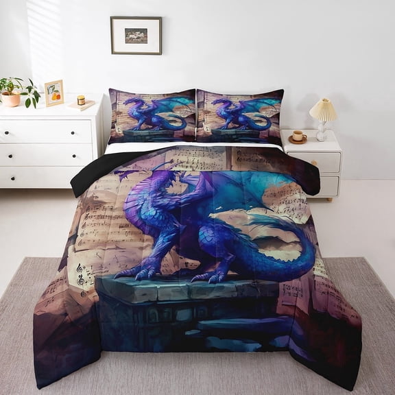Dragon Comforter Set,Mysterious Ancient Western Animals Duvet Set for Room Decor,Newspaper Retro Style Brushed Microfiber Soft Quilt Cover,Full