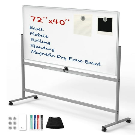 TOWON Double-Sided Mobile Whiteboard - 72"x40" Extra Large Magnetic Dry Erase Board on Wheels, 360° Rolling Office White Board Pizarra w/ H Stand, 4 Markers, 6 Magnets, Eraser, Tray