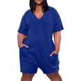 thumbnail image 3 of Gibobby pantalones siameses Mono informal de manga corta para mujer, de talla grande, con cuello en V, pantalones cortos de pierna ancha de verano, mono con bolsillo(Azul， XXXL), 3 of 5