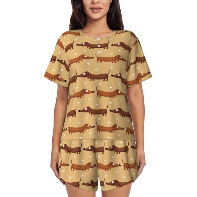 Fotbe Dachshund Dog Puppy Conjunto de Pijama Estampado para Mujer, 2 Piezas, Ropa de Dormir con Camiseta de Manga Corta y Shorts Suaves-Small