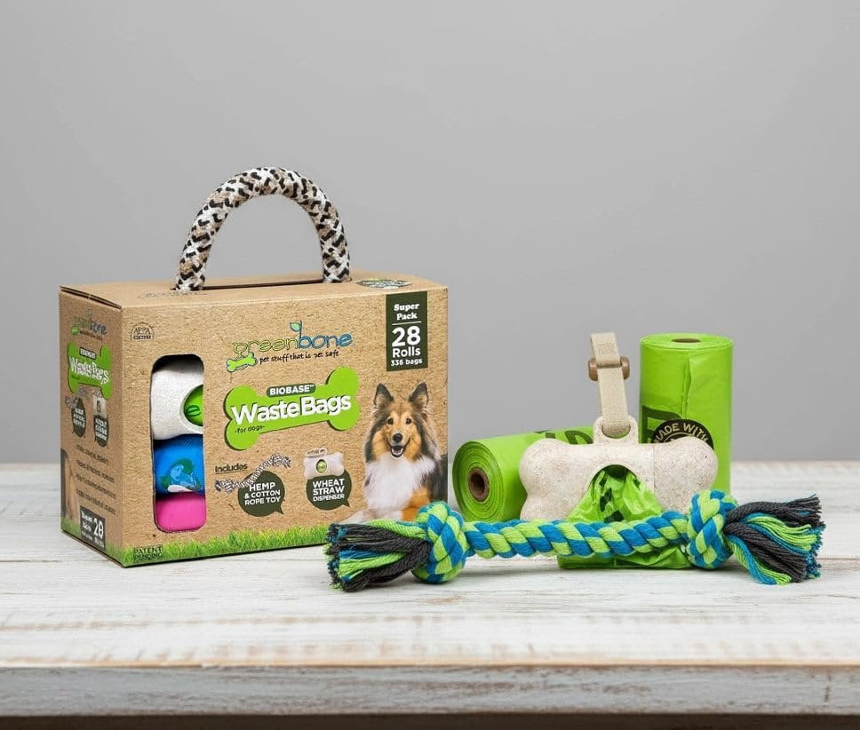 Greenbone Dog Gift set Blue Dog Poop Bag Refills for Dispenser:  includes Dispenser and Rope Toy Handle - 28 Rolls - 336 Bags