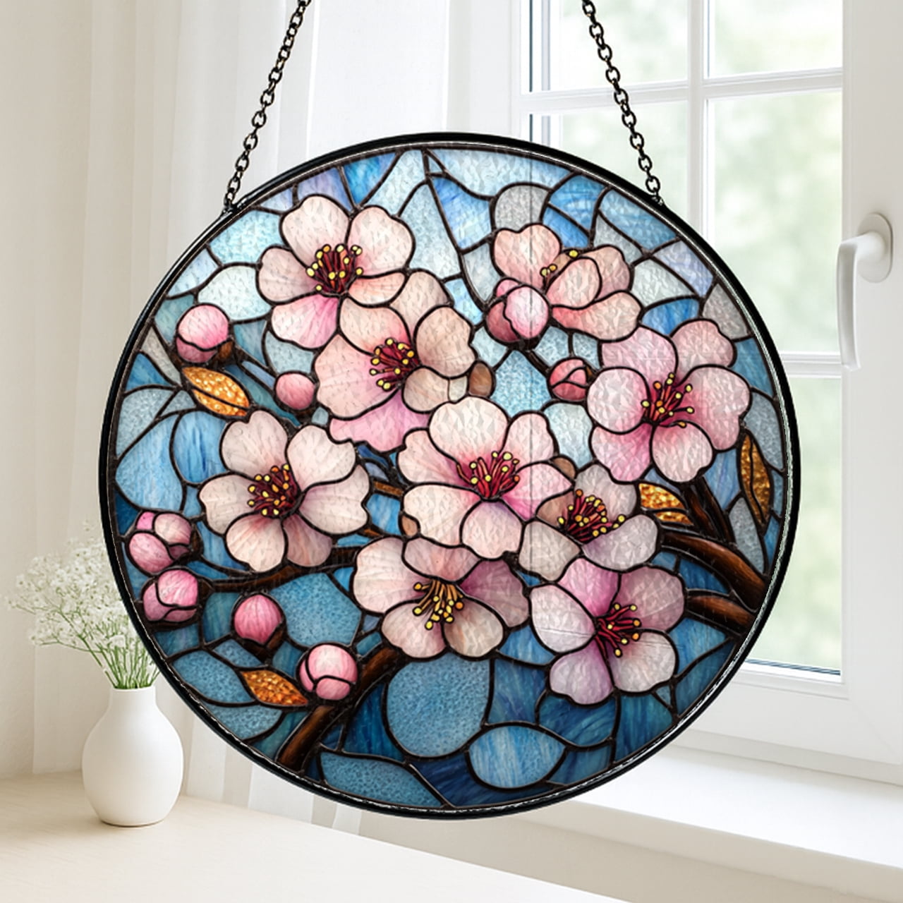 Faux stained glass cherry blossom panel, delicate floral window decor for bright interiors