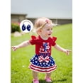 thumbnail image 6 of BemeyourBBs Newborn Baby Girl My First 4th of July Outfit Patriot Independent Day Summer Clothes Letter Print Flying Sleeve Romper Star Bow Tiered Ruffled Shorts Skirt Headband Set, 6 of 9