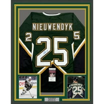 Framed Autographed/Signed Joe Nieuwendyk 35x39 Dallas Green Hockey Jersey JSA COA