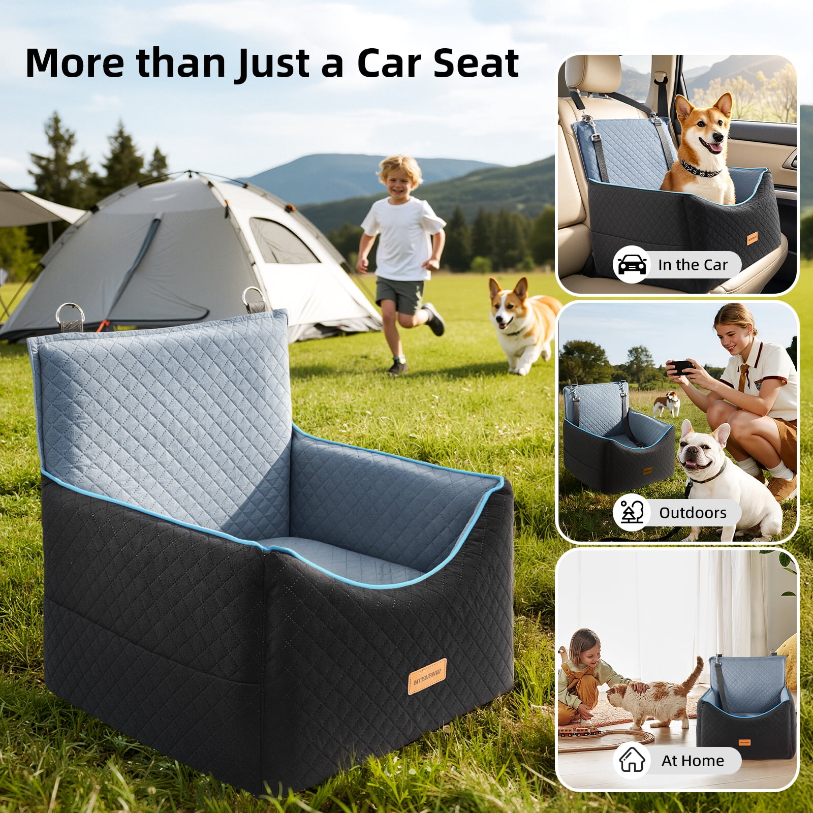 NIYAPAW Elevated Dog Car Seat for Small/Medium Dogs up to 35 lbs,Memory Foam Pet Booster Seat with dog car bed, Safety Pet Seat with Seatbelt Channel，Washable and Detachable (Black&Gray)