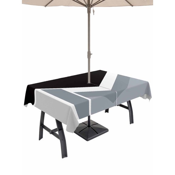 Outdoor Tablecloth with Umbrella Hole for Patio/Picnic/Party/Camping, Grey Black Geometric Waterproof Table Cloth Rectangle Table Cover Washable, Modern Abstract Lines Color Blocks (52"x 70")