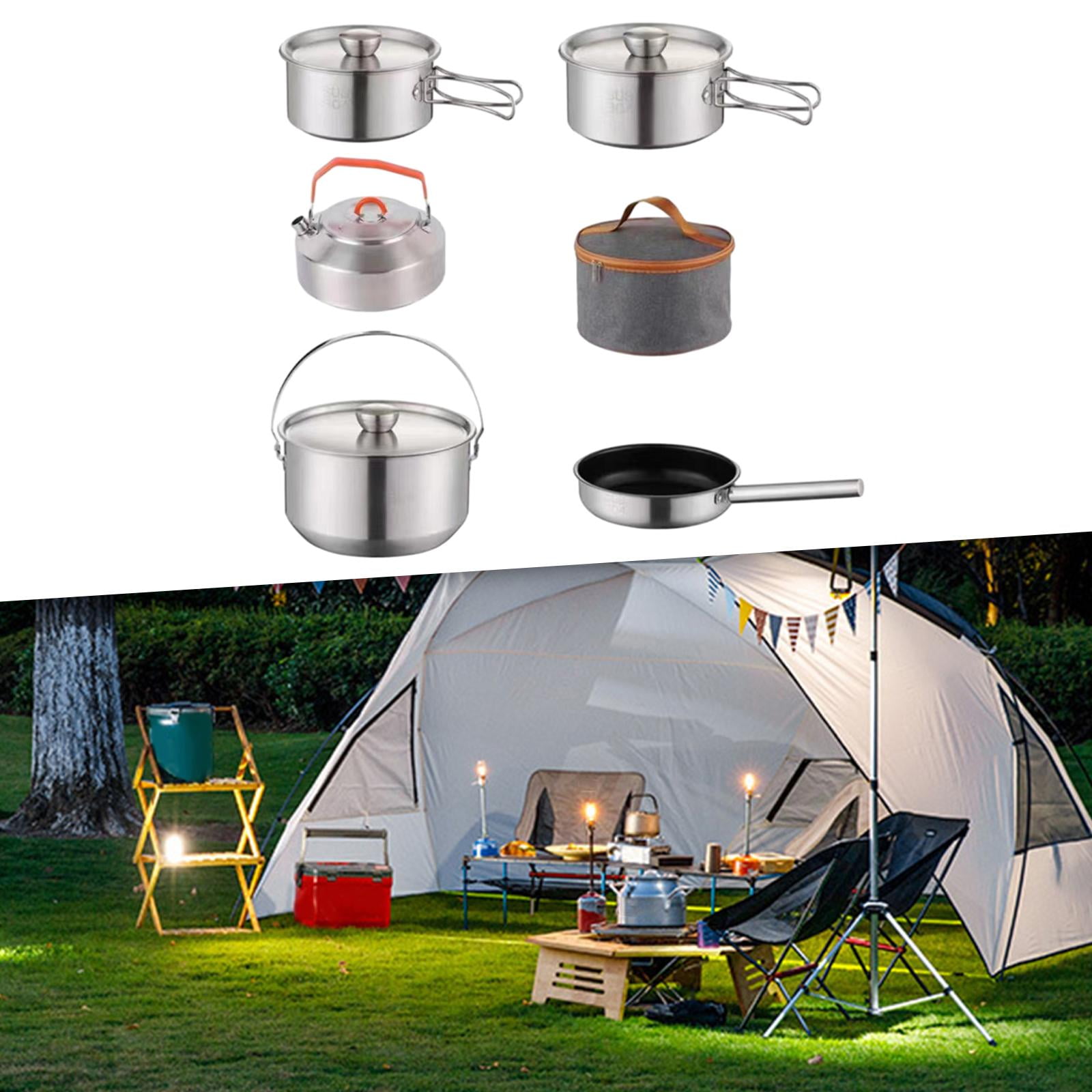 Wswqop Camping Cookware Kit Stainless Steel Portable Utensils Tableware Cooking Set for with kettle