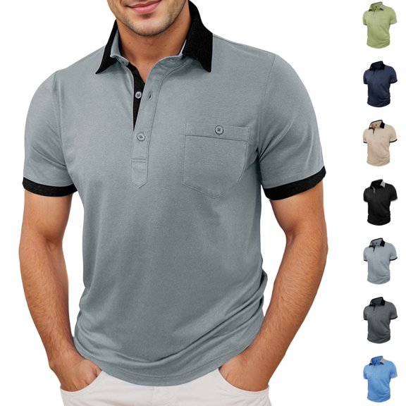 Mens Polo T Shirt Short Sleeve with Button Loose Fit Summer Shirts Light Gray Mens Dress Shirts