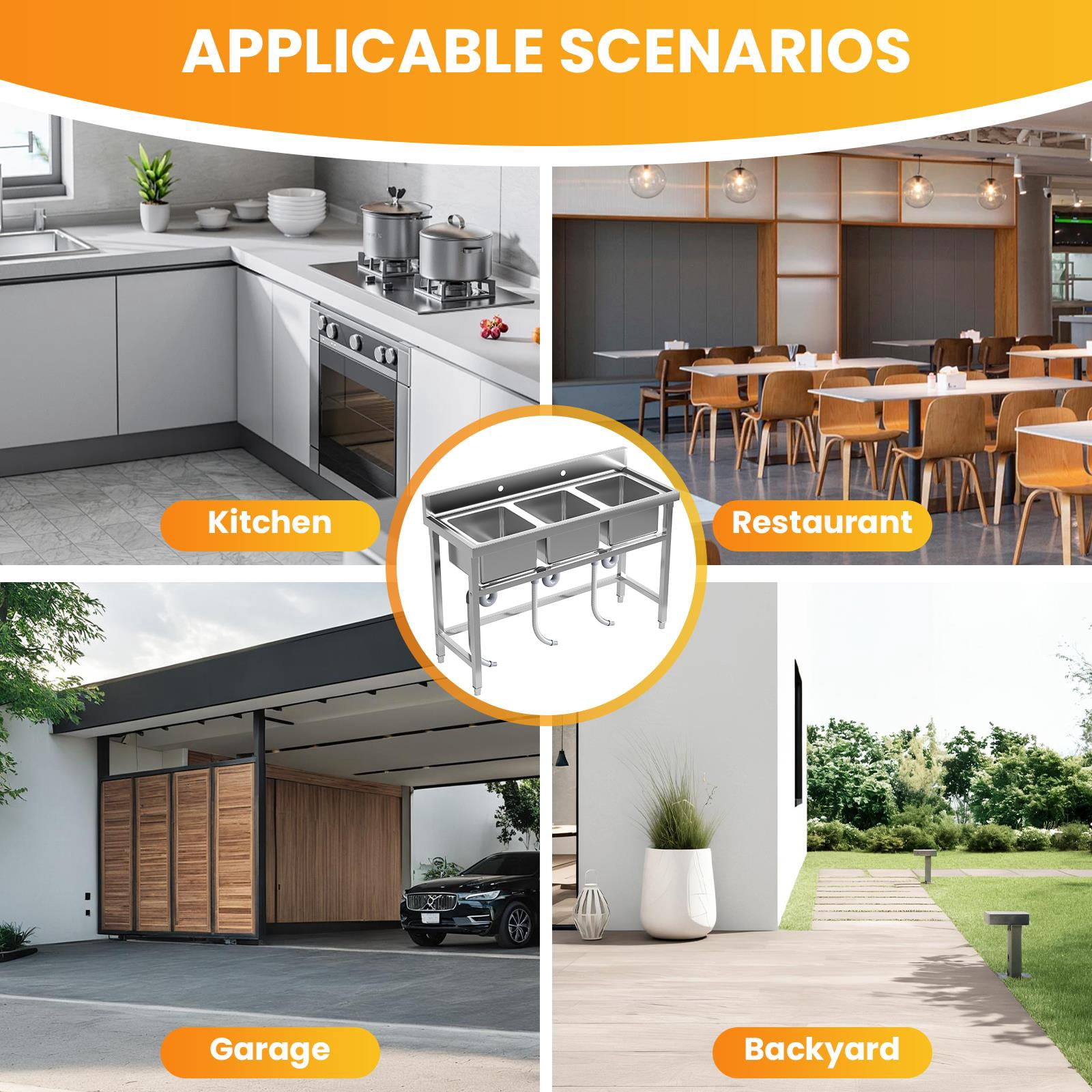 Zhuotong51" 3-Compartment Commercial Sink, Heavy-Duty Stainless Steel Free Standing Sink with Backsplash, Utility Sink for Restaurant, Kitchen & Garage