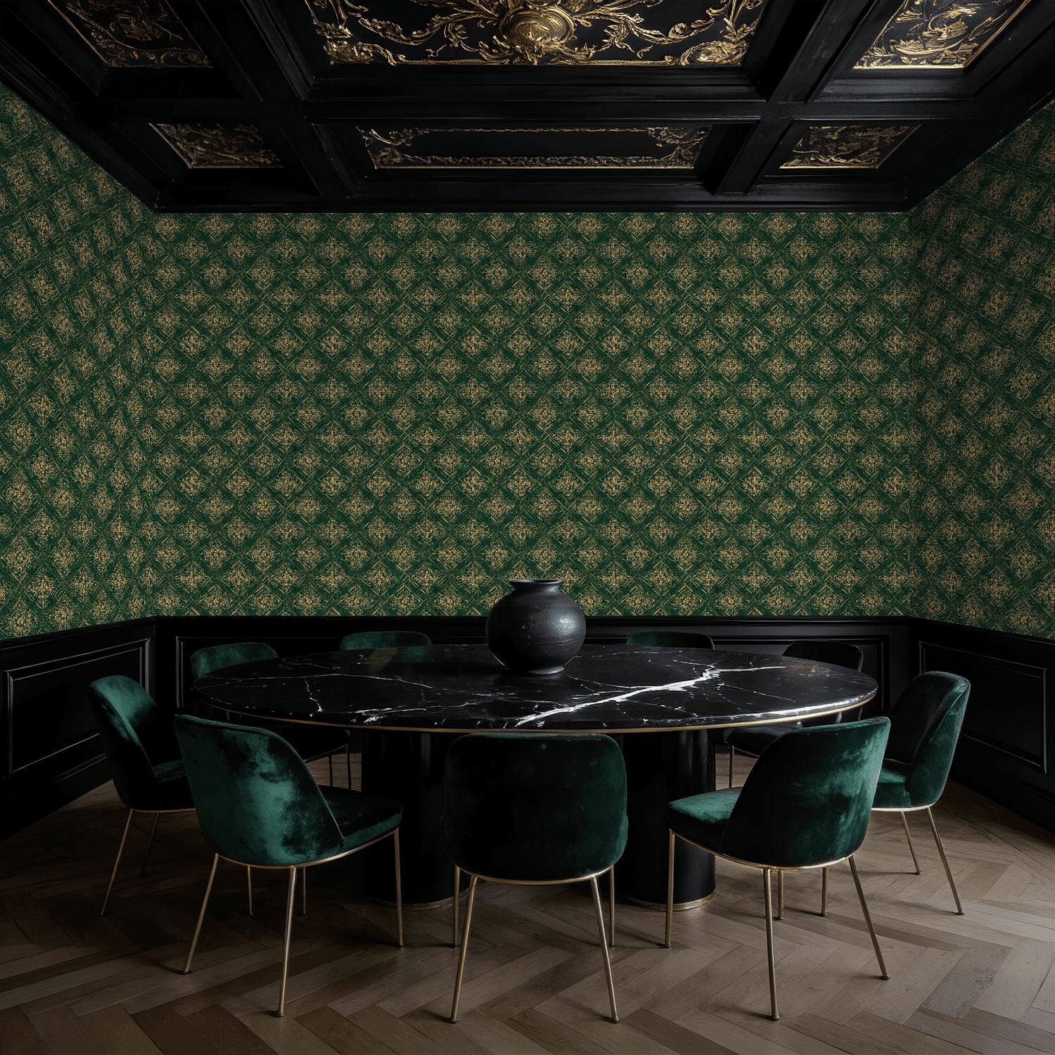 Peel and Stick Wallpaper Baroque Vintage Floral Damask Green Gold Accents Wall Mural 17.7in x 9.8ft Self Adhesive Removable Wall Paper Renter Friendly Wallpaper for Nursery Bedroom Cabinets