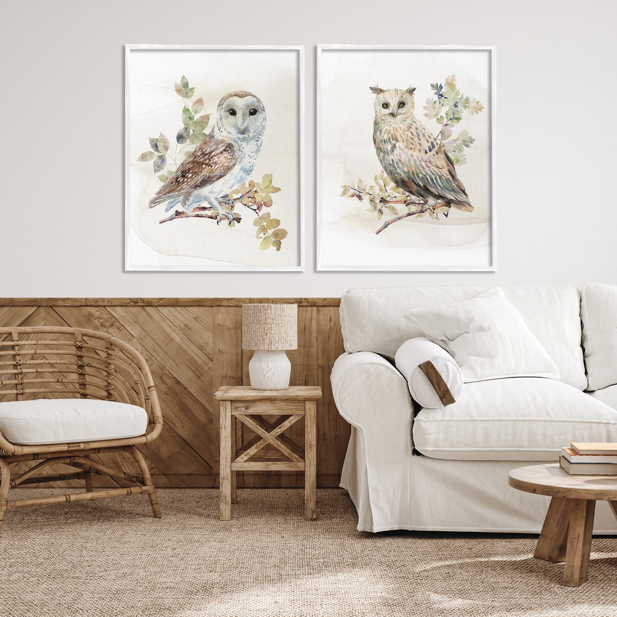 Stupell Industries Owls Perched in Foliage 2 Piece White Framed Giclee Art Set, design by CAD Designs