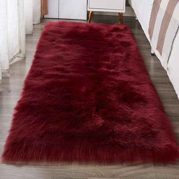 FUDAKUNA Soft Plush Area Rugs 48 x 24inch Faux Fur Sheepskin Dark Red Shaggy Comfortable Carpet for Bedroom Living Room Nursery Floor Mat