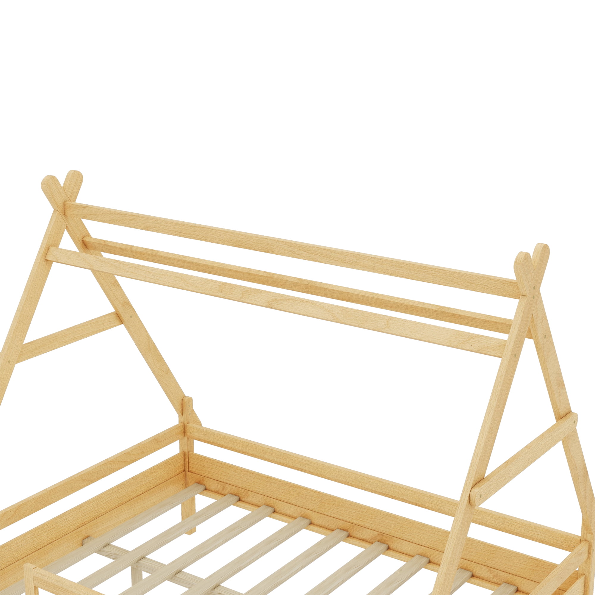 Miniyam Full House Platform Bed with Stairs, Solid Wood Kids Bed with Low Profile Design, Natural