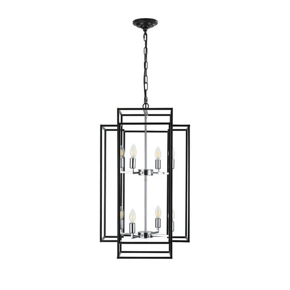 8-Light Adjustable Farmhouse Chandelier - Black Geometric Foyer Pendant Light with Chrome Base for Kitchen Island & Dining Room (E12 Bulbs Not Included)